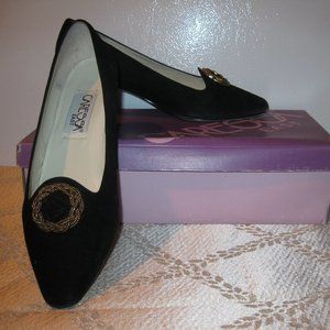 Caressa Black Swede with Gold Buckle Heels